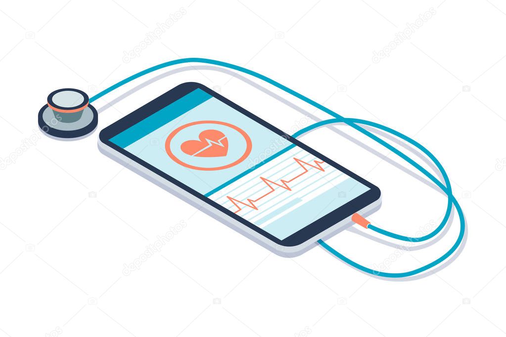 Digital stethoscope connected to a smartphone and icons: innovative medical diagnosis and technology concept