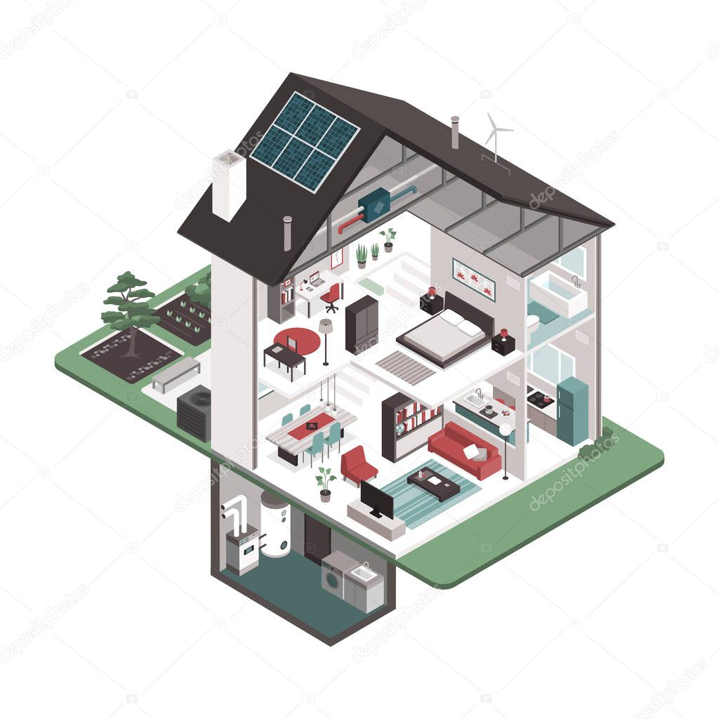 Contemporary energy efficient isometric house cross section and room interiors on white background, real estate and eco buildings concept