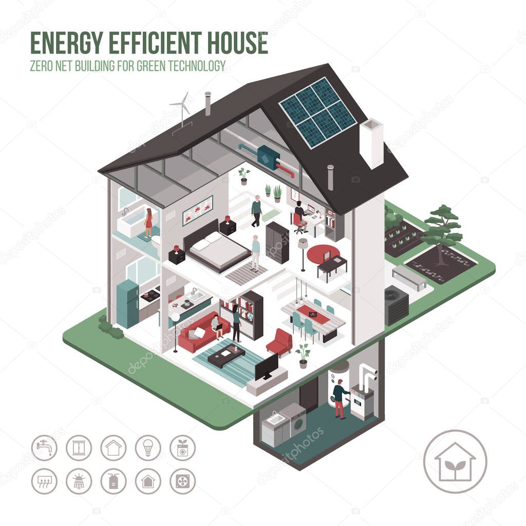 Contemporary energy efficient isometric eco house cross section and room interiors on white background with icons and people