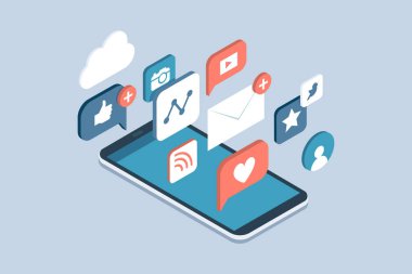 Sosyal medya apps üstünde bir smartphone: online paylaşımı, mesajlaşma ve sosyal ağlar kavramı üzerinde pazarlama