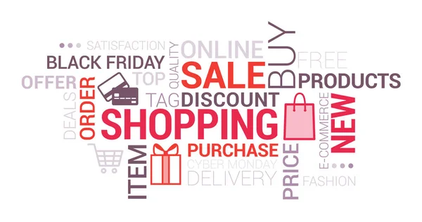 Shopping Online Commerce Retail Tag Cloud Con Icone Concetti — Vettoriale Stock
