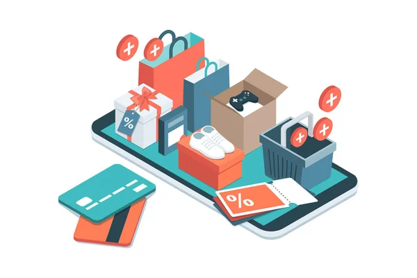 Online Shopping App Cadeaus Winkelartikelen Creditcards Kortingsbonnen Een Smartphone — Stockvector