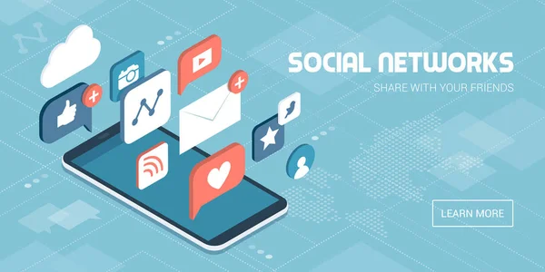 智能手机上的社交媒体应用 网络共享 信息传递和社交网络概念营销 — 图库矢量图片