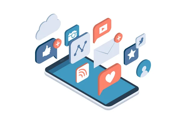 Aplikacje Mediów Społecznościowych Smartfonie Online Udostępnianie Wiadomości Marketingu Koncepcji Sieci — Wektor stockowy