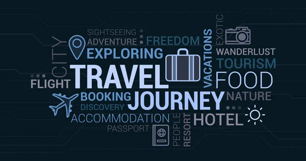 Voyage Aventure Tourisme Tag Cloud Avec Des Icônes Des Concepts — Image vectorielle