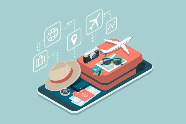 予約アプリ 携帯電話のタッチスクリーンスマートフォン上の旅行機器や荷物 — ストックベクタ