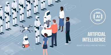 AI robotlar toplantı ve el sallayarak iş insanlar takım: yenilik ve yapay zeka kavramı