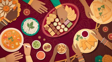 Family celebrating Diwali at home with lamps and traditional food, top view clipart