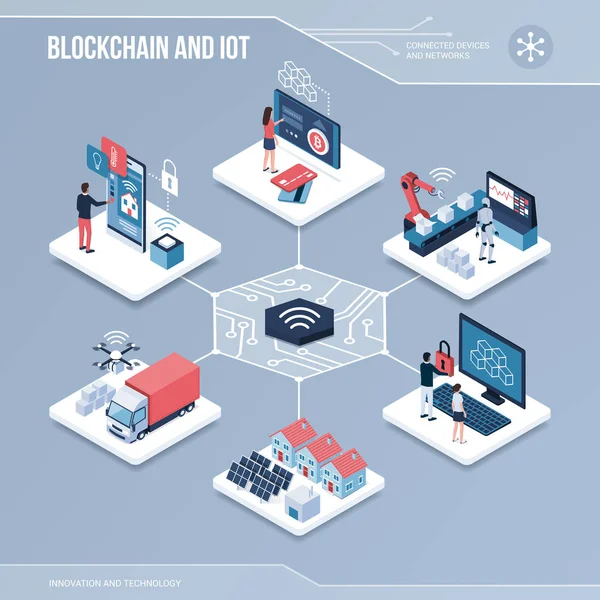 Núcleo Digital Blockchain Redes Compartilhadas Iot Infográfico Isométrico Com Pessoas — Vetor de Stock