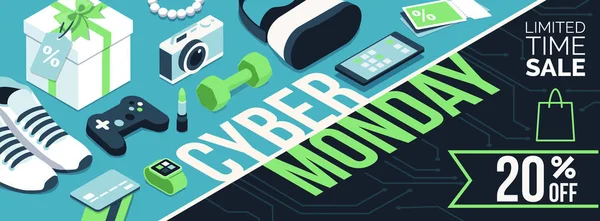 Cyber Lunes Venta Promocional Con Productos Compras Línea Comercio Electrónico — Vector de stock