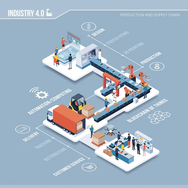 Concepto Industrial Con Trabajadores Robots Segundo Plano — Vector de stock