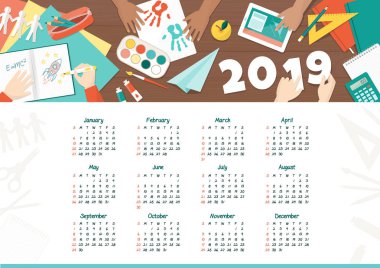 Yaratıcı okul takvim 2019, eğitim ve birlikte oynayan çocuk çocuklar