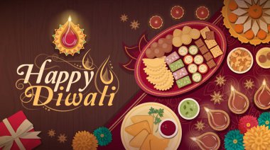 Mutlu Diwali kartıyla lambalar ve geleneksel yemekleri, üstten görünüm