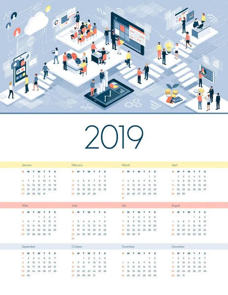 Calendario Empresarial Tecnológico 2019 Empresarios Que Trabajan Red Virtual — Vector de stock