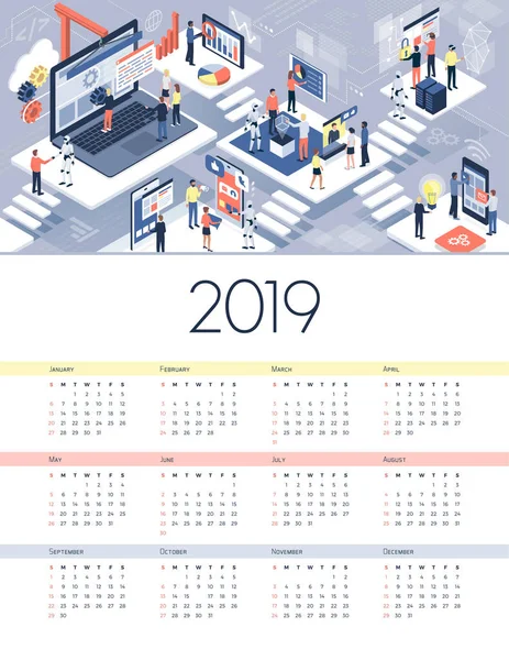 Technology Automation Calendar 2019 — Stock Vector