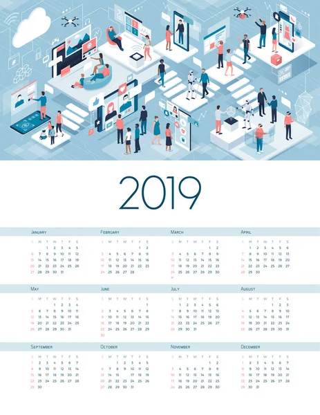 Calendario Empresarial Tecnológico 2019 Red Virtual — Vector de stock