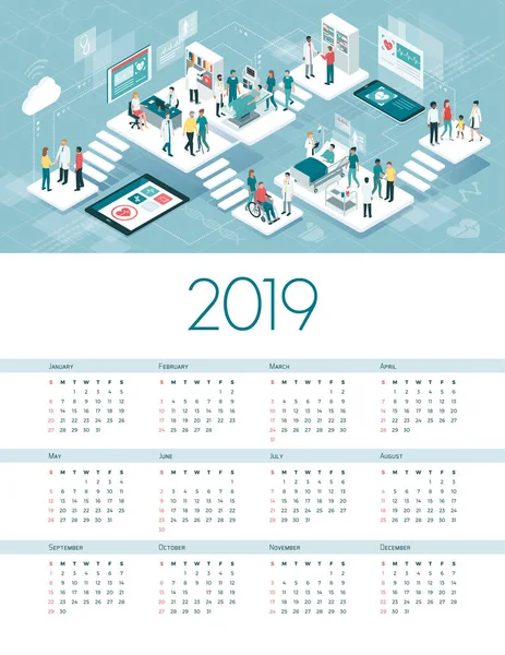 Calendario Hospitalario Virtual 2019 Clínica Futurista — Vector de stock