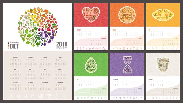 Regenbogen Diät Kalender 2019 Mit Sechs Farben Und Gemüse Symbolen — Stockvektor