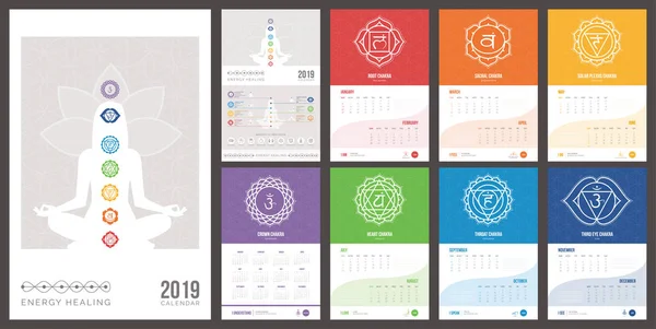 Self Healing Kalender Meditation Och Chakran 2019 Med Yogaställningarna Och — Stock vektor