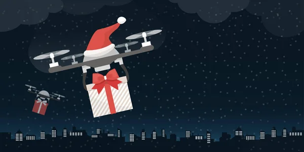 Santa Drones Carrying Gifts Christmas Eve City — Stock Vector