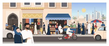Postcard from Middle East: travel and tourism concept, traditional buildings, people and street food clipart