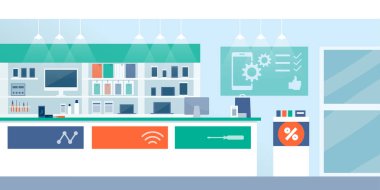 Salonu iç ürünler vitrin ve sayaç ile hareket eden, elektronik ve bilgisayar onarım