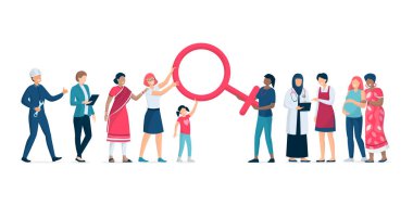 Birlikte ayakta ve birbirlerini destekleyen farklı kadın, kadın sembolü, feminizm, kadın sağ ve kadın gün kavramı burada tutuyorlar