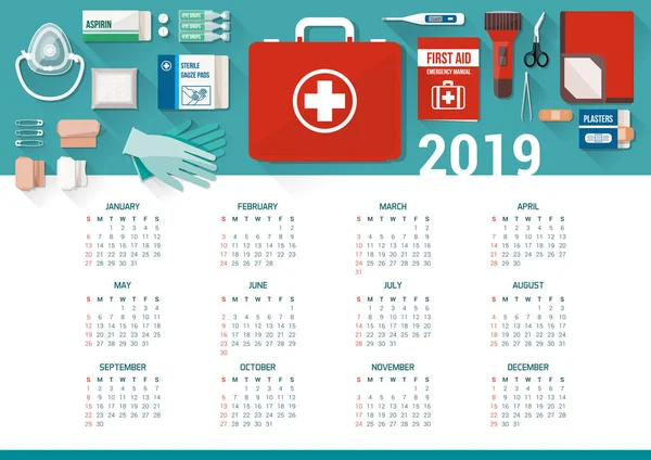 Calendario Moderno 2019 Con Ilustración Vectorial Primeros Auxilios — Vector de stock