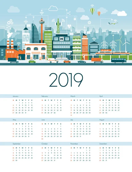 Calendario Moderno 2019 Con Ilustración Vectores Ciudades Inteligentes — Vector de stock