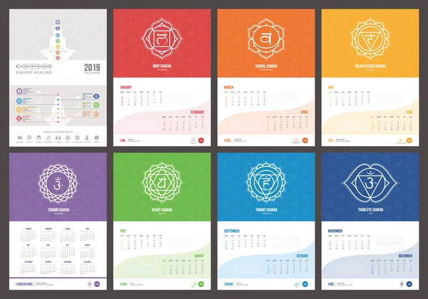 Calendrier Auto Guérison Méditation Chakras 2019 Avec Poses Yoga Mantras — Image vectorielle