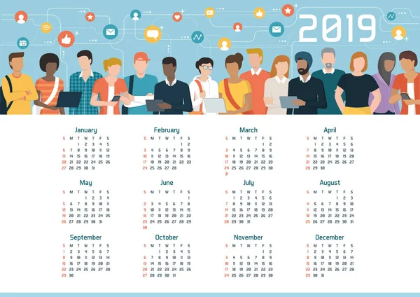 Calendario Moderno 2019 Con Ilustración Vectorial Personas — Vector de stock