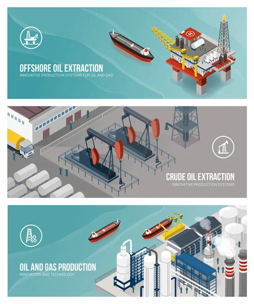 Przemysł Ropy Gazu Banery Zestaw Szybów Naftowych Platformy Offshore Rafinerii — Wektor stockowy