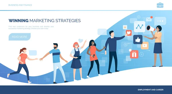 Kunden Mit Marketingstrategien Und Social Media Werbung Gewinnen — Stockvektor
