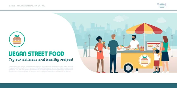 Utcai Élelmiszer Szállító Boldog Emberek Akik Finom Vegetáriánus Ételek Város — Stock Vector