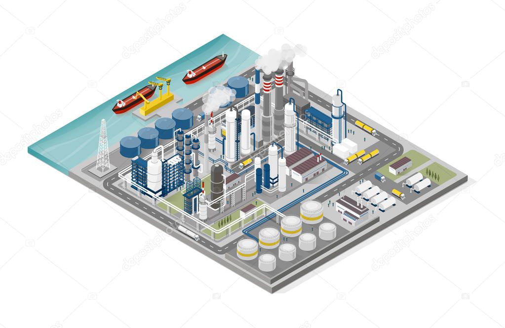 Oil and gas industry and production process infographic: isometric refinery, pipeline and people working