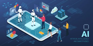 Human-Ai etkileşimi: Ai işlemci, yapay zeka ve insan bilgisayar etkileşimi konsepti ile bir akıllı telefonda android robotlar toplantı insanlar