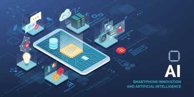 Ai uygulamaları vektör infografik ile yenilikçi akıllı telefon: sanal asistan, performans optimizasyonu, kullanıcı kimlik doğrulaması, verimlilik, karar verme