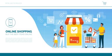 Mutlu aile kendi akıllı telefon bir mobil uygulaması ile online bakkal alışveriş yapıyor, adam ürünleri ile bir alışveriş sepeti tutuyor ve kadın kredi kartı ile ödeme yapıyor