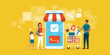 Mutlu aile kendi akıllı telefon bir mobil uygulaması ile online bakkal alışveriş yapıyor, adam ürünleri ile bir alışveriş sepeti tutuyor ve kadın kredi kartı ile ödeme yapıyor