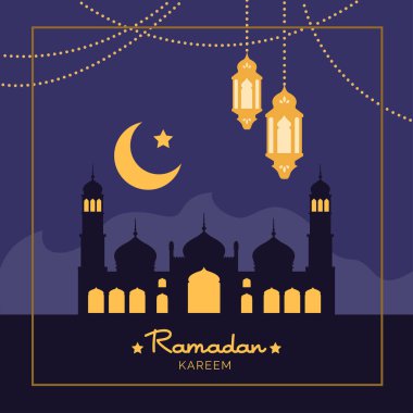 Cami, fener ve ay ile Ramazan Kareem tatil kutlama kartı