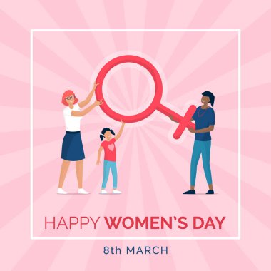 Mutlu kadınlar günü tatil tasarımı ve bir kadın sembolü taşıyan kadınlar ile sosyal medya sonrası 