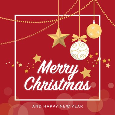 Mutlu Noeller ve Happy New Year tasarım ve yıldız ve asılı topları ile sosyal medya sonrası