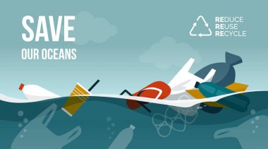 Kirli okyanus ve plastik atık yüzeyde yüzen, motivasyonel çevre koruma reklam