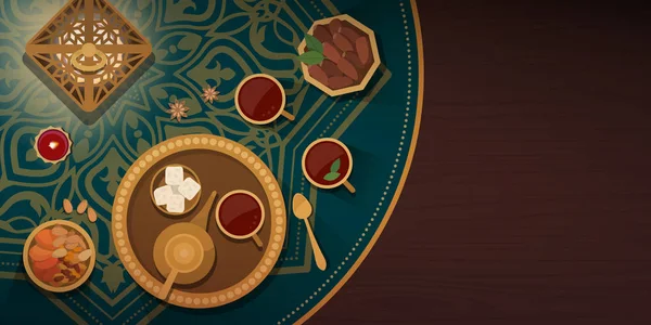 Ramadan Iftar meal celebration with traditional food and tea on a decorated table, Islamic culture and religion concept