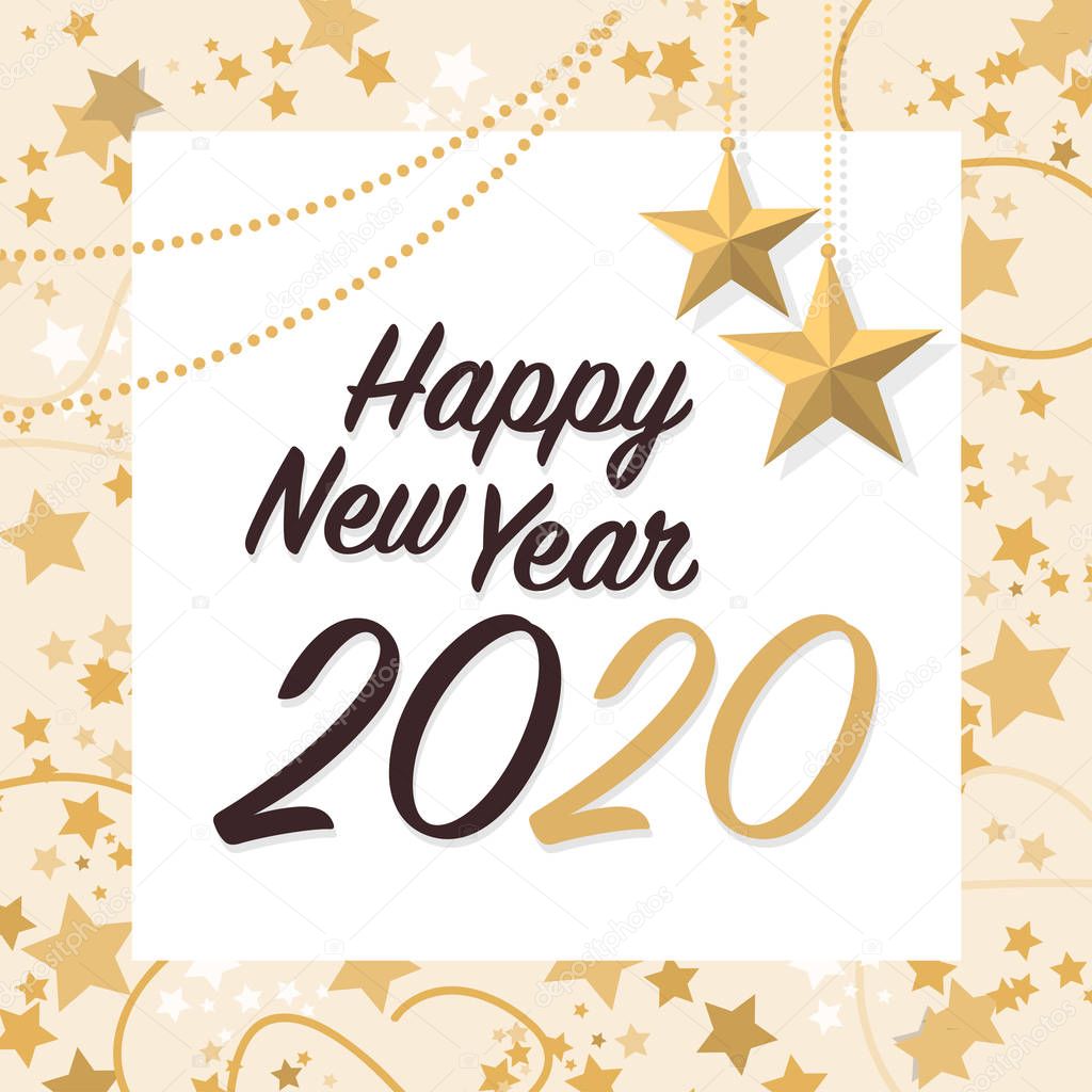 Happy new year 2020 with golden stars, social media post and wish card