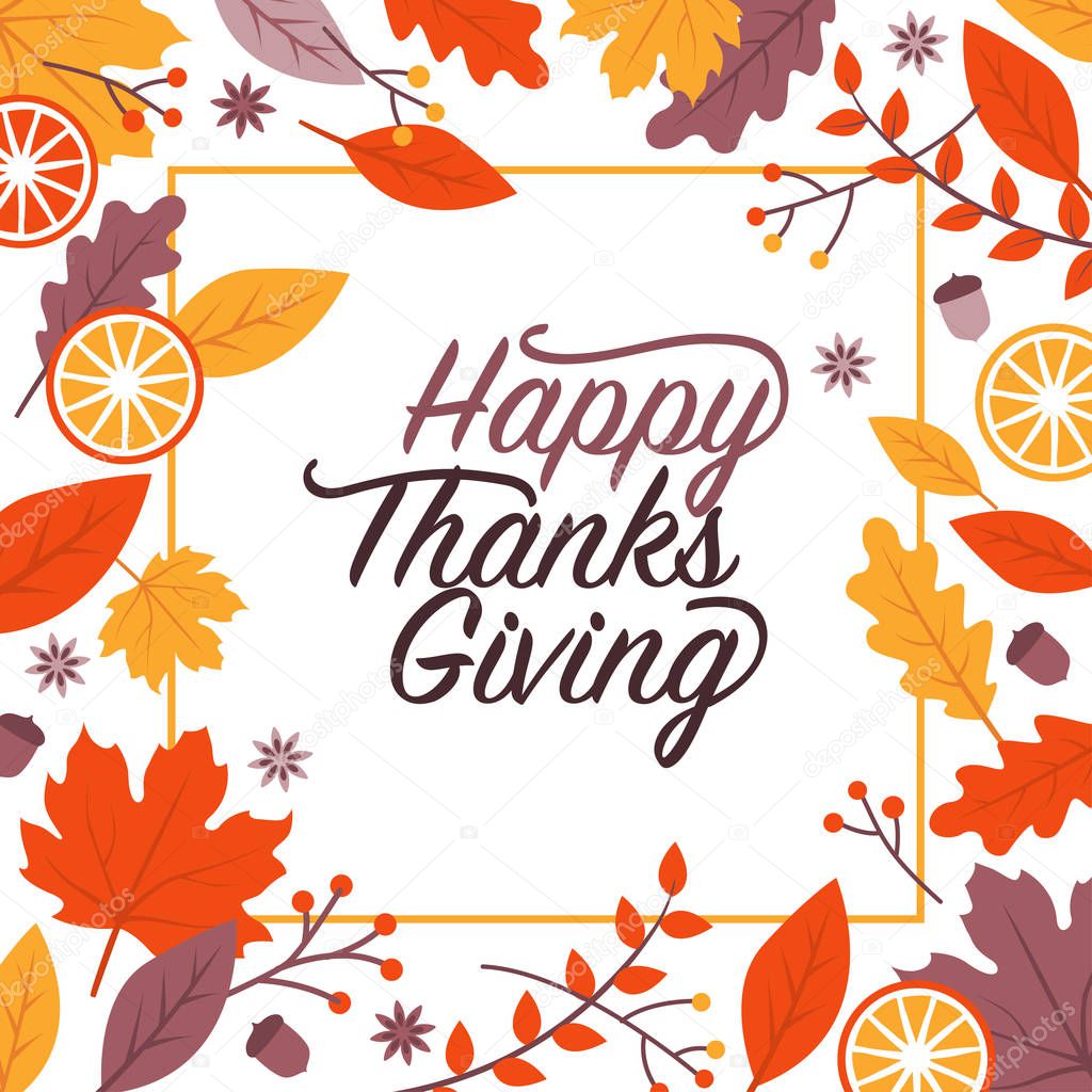 Happy thanksgiving holiday card and social media post with leaves frame