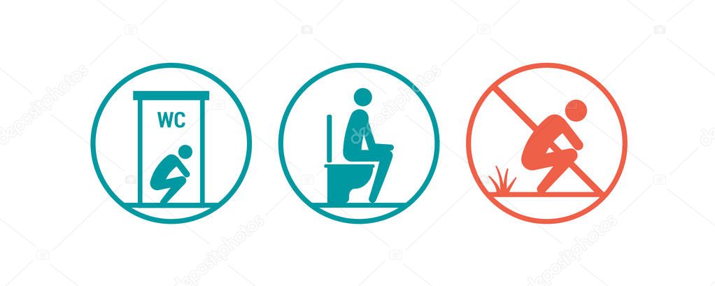 Stop open defecation and hygiene awareness icons set: stick figure using a toilet and defecating outdoors