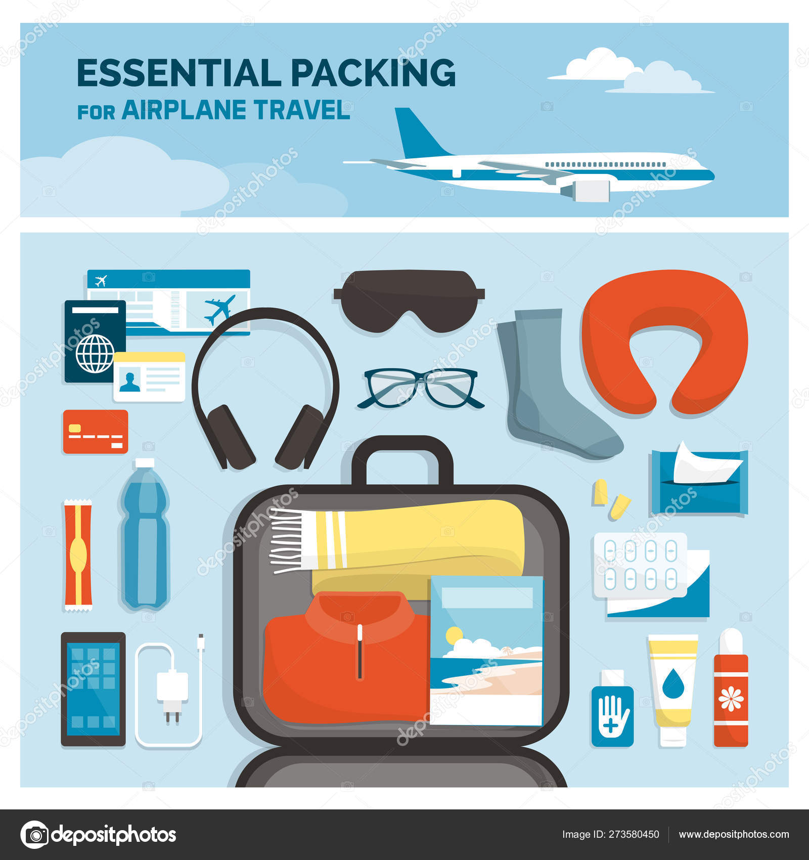 Essential Packing Airplane Traveling Essential Clothes Accessories Carry  Bag Vacations Stock Vector by ©elenabs 273580450