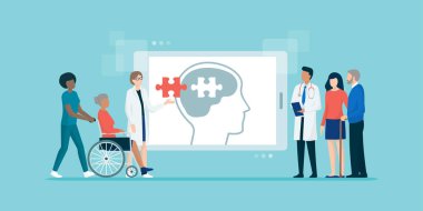 Alzheimer hastalığı olan üst düzey hastalara yardımcı profesyonel sağlık ekibi, üst düzey bakım ve yardım kavramı 