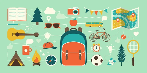 Campamento Verano Vacaciones Concepto Infancia Iconos Del Turismo Aventura Educación — Vector de stock